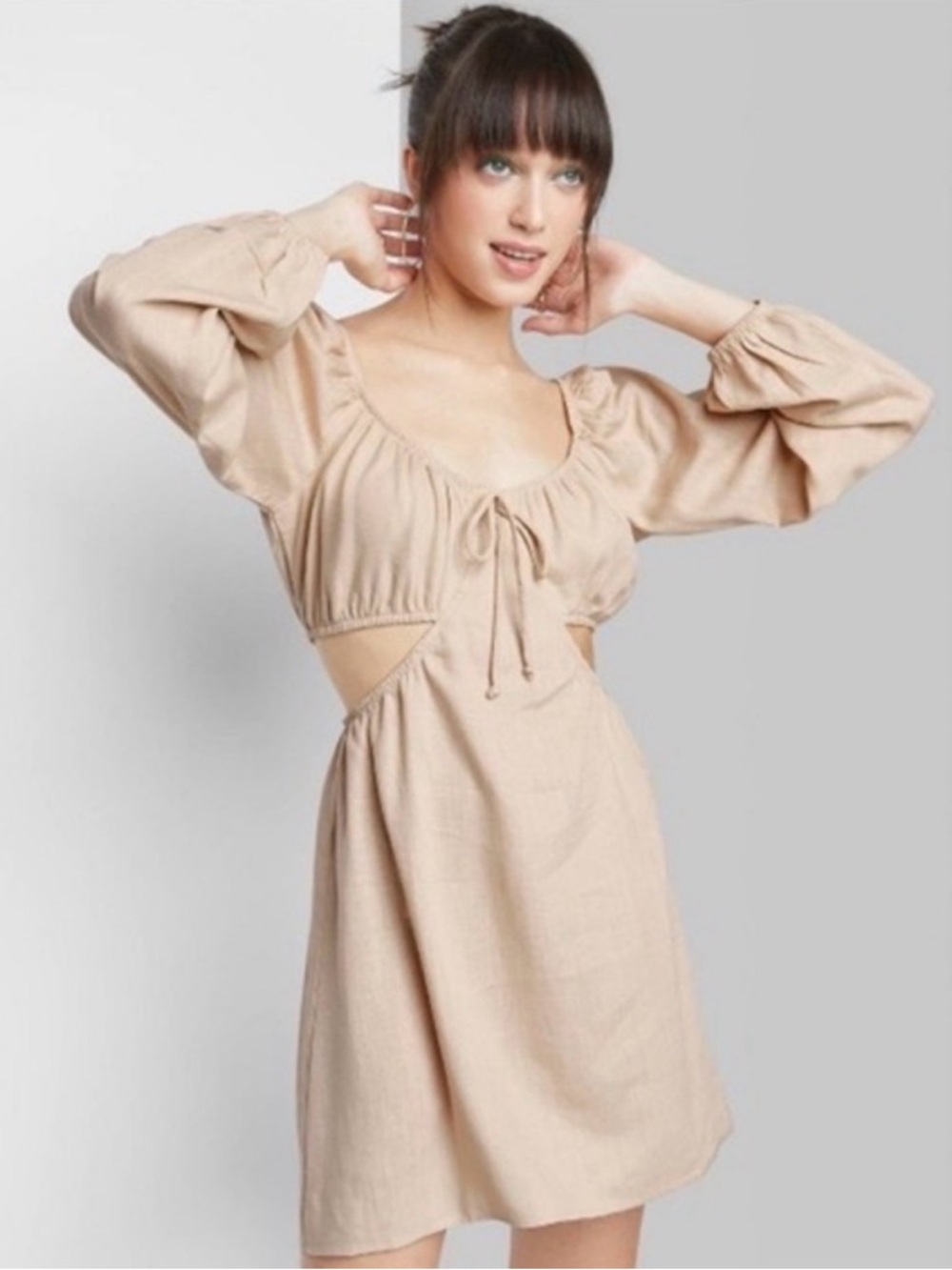 Linen Peasant Mini Dress Size Medium Boho Cutout Dress Beige Long Sleeve